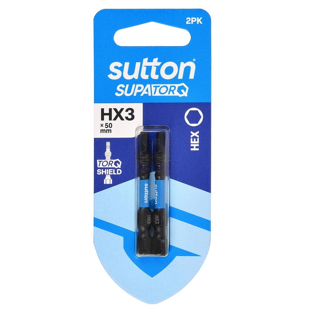 SUTTON HX3 X 50MM SUPATORQ HEX SCREWDRIVER BIT - 2 PIECE S206H02B03
