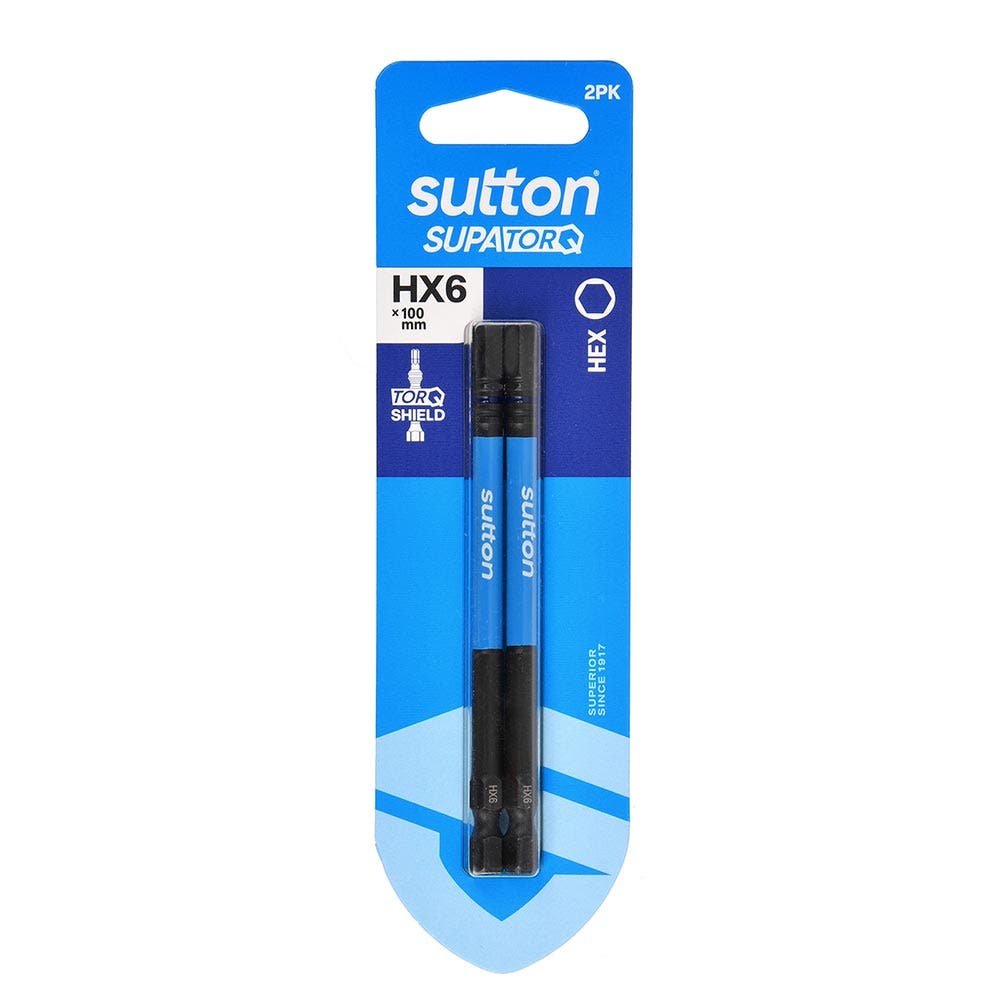 SUTTON HX6 X 100MM SUPATORQ HEX SCREWDRIVER BIT - 2 PIECE S206H02E06