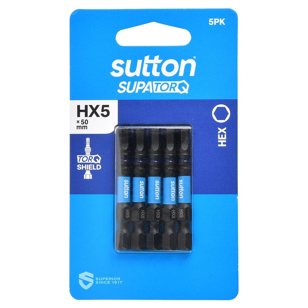 SUTTON HX5 X 50MM SUPATORQ HEX SCREWDRIVER BIT - 5 PIECE S206H05B05