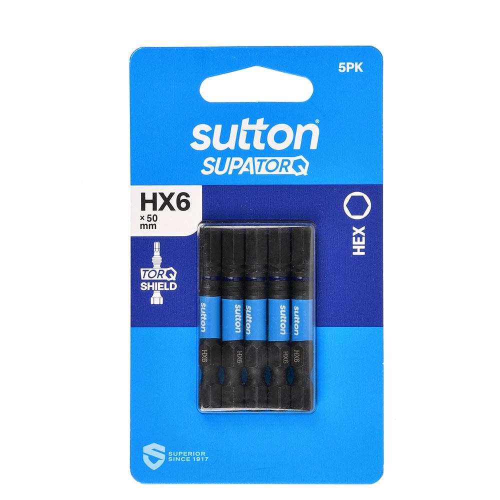 SUTTON HX6 X 50MM SUPATORQ HEX SCREWDRIVER BIT - 5 PIECE S206H05B06
