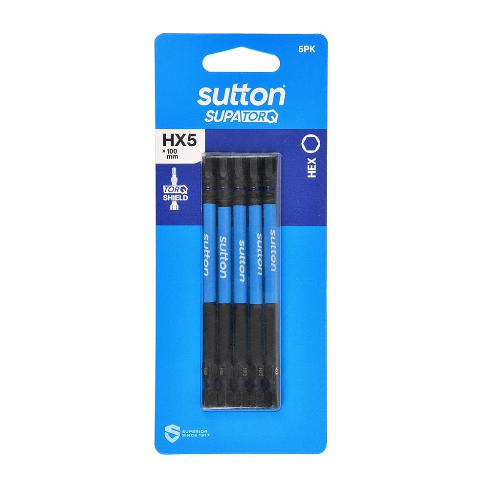 SUTTON HX5 X 100MM SUPATORQ HEX SCREWDRIVER BIT - 5 PIECE S206H05E05