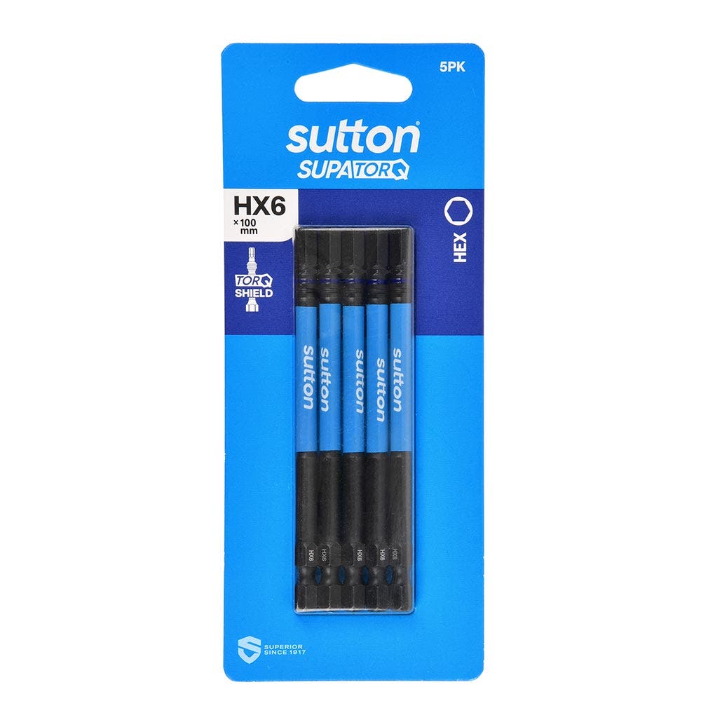 SUTTON HX6 X 100MM SUPATORQ HEX SCREWDRIVER BIT - 5 PIECE S206H05E06