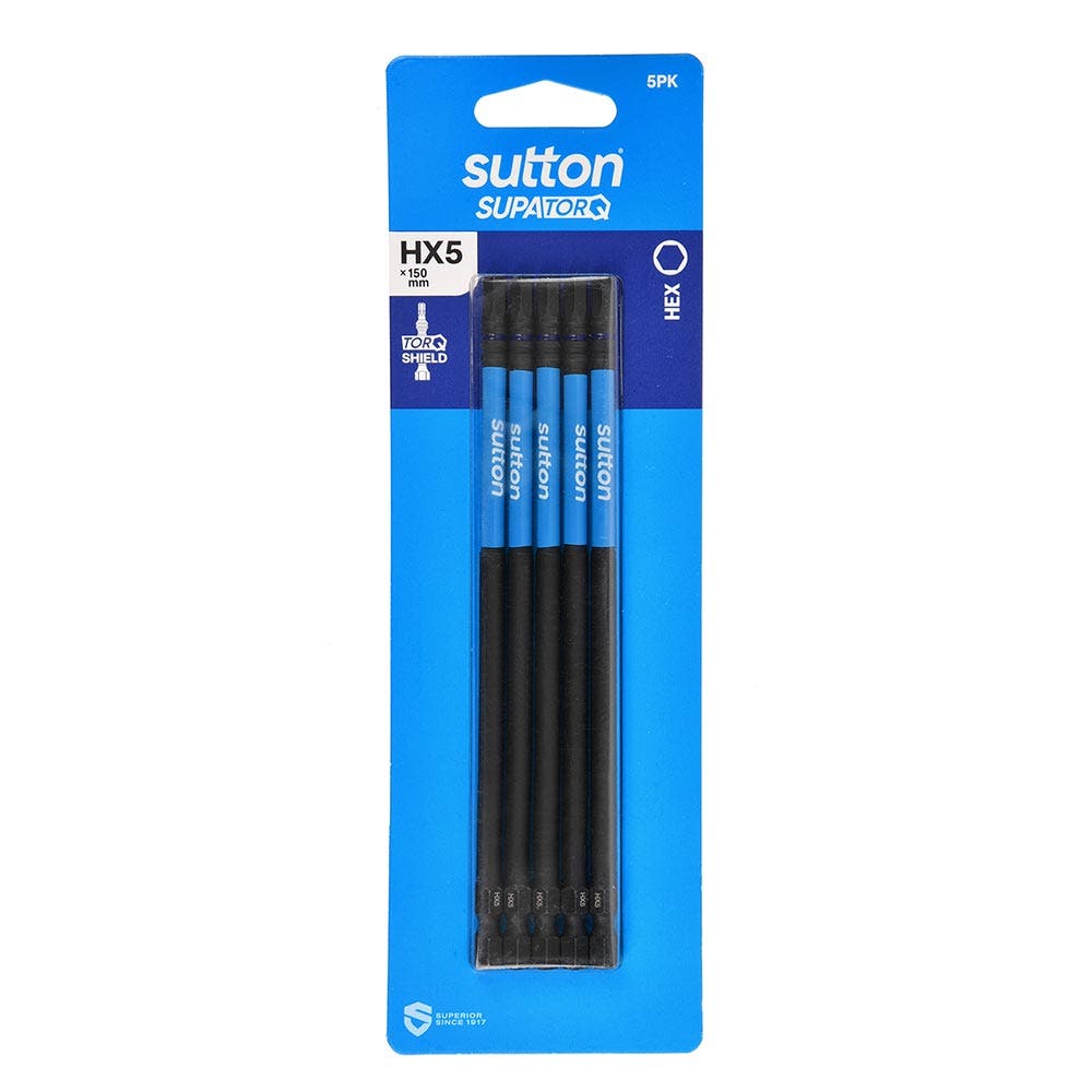 SUTTON HX5 X 150MM SUPATORQ HEX SCREWDRIVER BIT - 5 PIECE S206H05G05