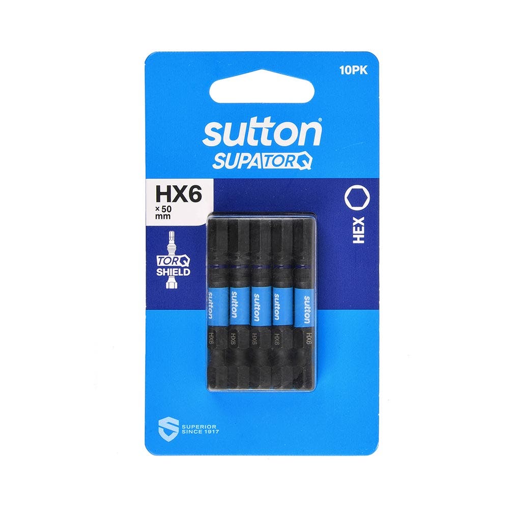SUTTON HX6 X 50MM SUPATORQ HEX SCREWDRIVER BIT - 10 PIECE S206H10B06