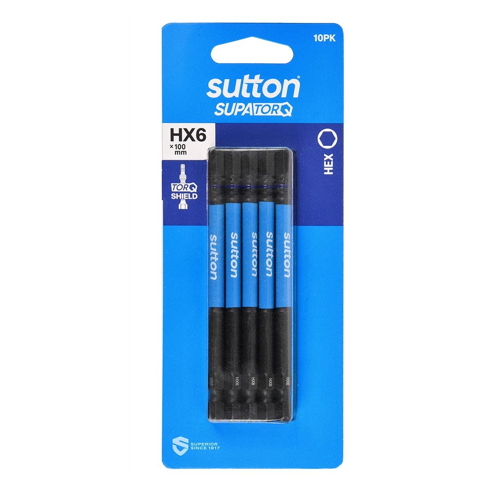 SUTTON HX6 X 100MM SUPATORQ HEX SCREWDRIVER BIT - 10 PIECE S206H10E06