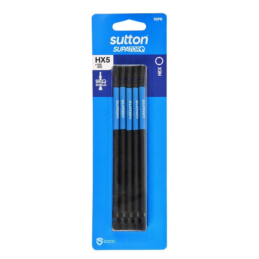 SUTTON HX5 X 150MM SUPATORQ HEX SCREWDRIVER BIT - 10 PIECE S206H10G05