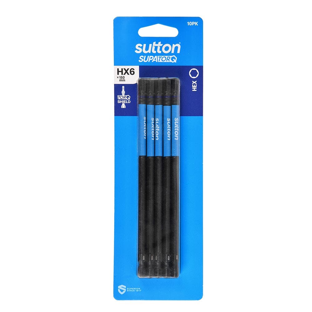 SUTTON HX6 X 150MM SUPATORQ HEX SCREWDRIVER BIT - 10 PIECE S206H10G06