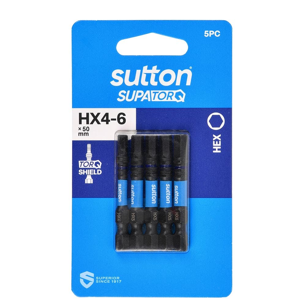 SUTTON HX4-6 X5 0MM SUPATORQ HEX SCREWDRIVER BIT - 5 PIECE S206S05B06