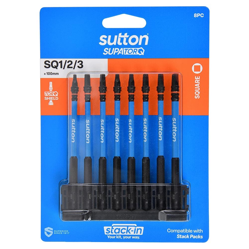 SUTTON STACK- IN R1,R2&R3 X 100MM ROBERTSON SCREWDRIVER BIT SET - 8 PIECE S204S08E