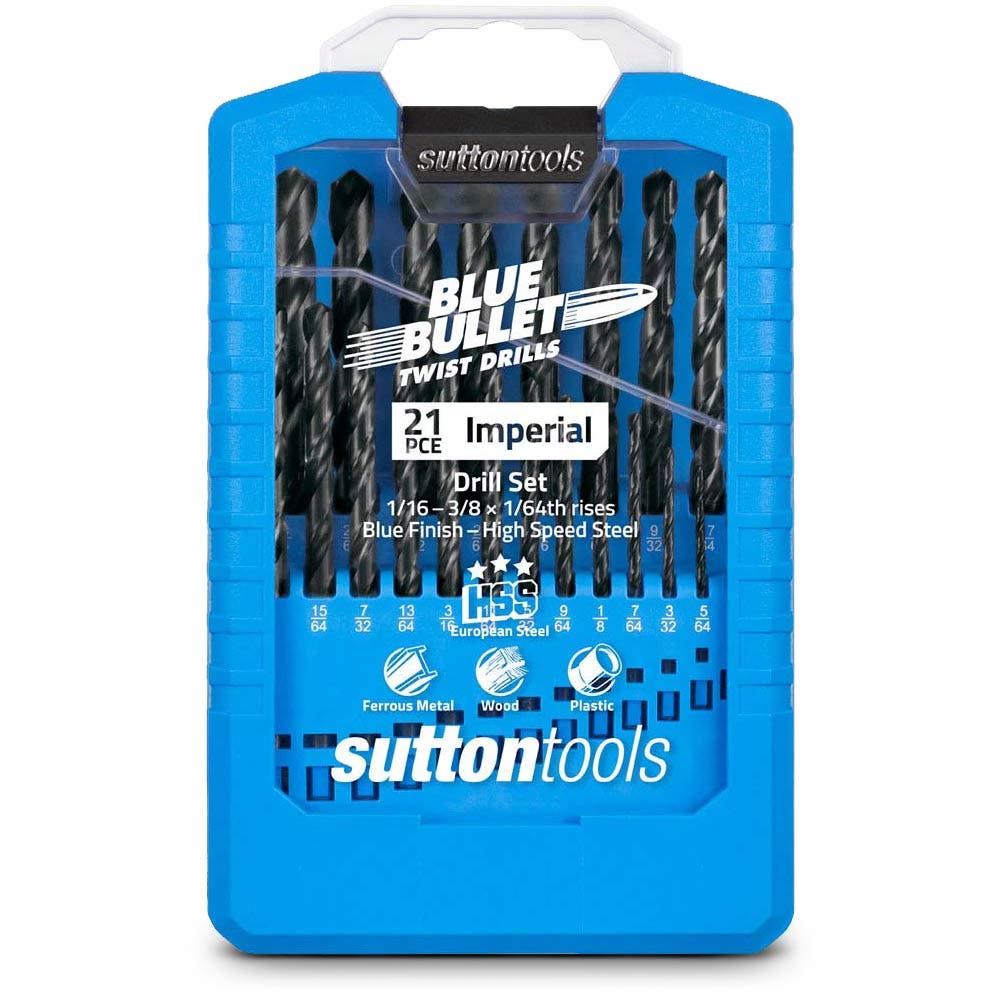 SUTTON 1/16-3/8INCH IMPERIAL HSS-BLUE JOBBER DRILL BIT SET - BLUE BULLET - 21 PIECE D102S2