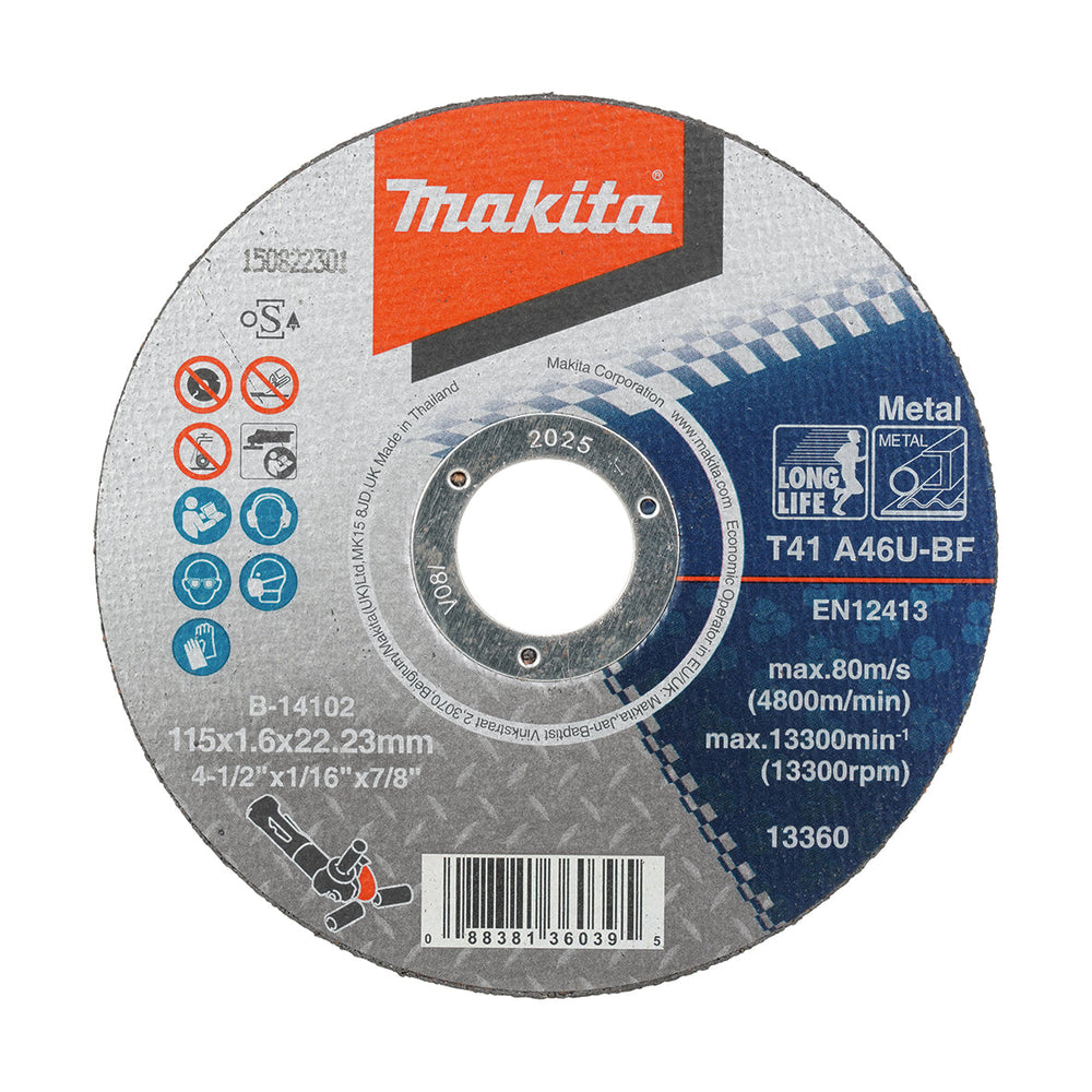 Makita 115mm x 1.6mm x 22mm - METAL CUTTING DISC LONG LIFE A46U - 10pk B-14102-10