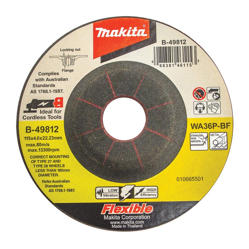 MAKITA 115 x 4 x 22.23mm FLEXIBLE DEPRESSED CENTRE GRINDING WHEEL - METAL & INOX (25PK) B-49812-25