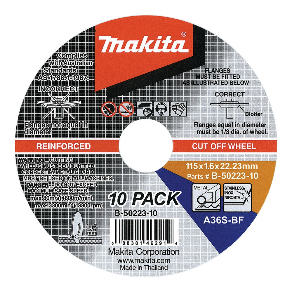 MAKITA 115 x 1.6 x 22.23mm INOX / METAL CUTTING DISC (10PK) B-50223-10