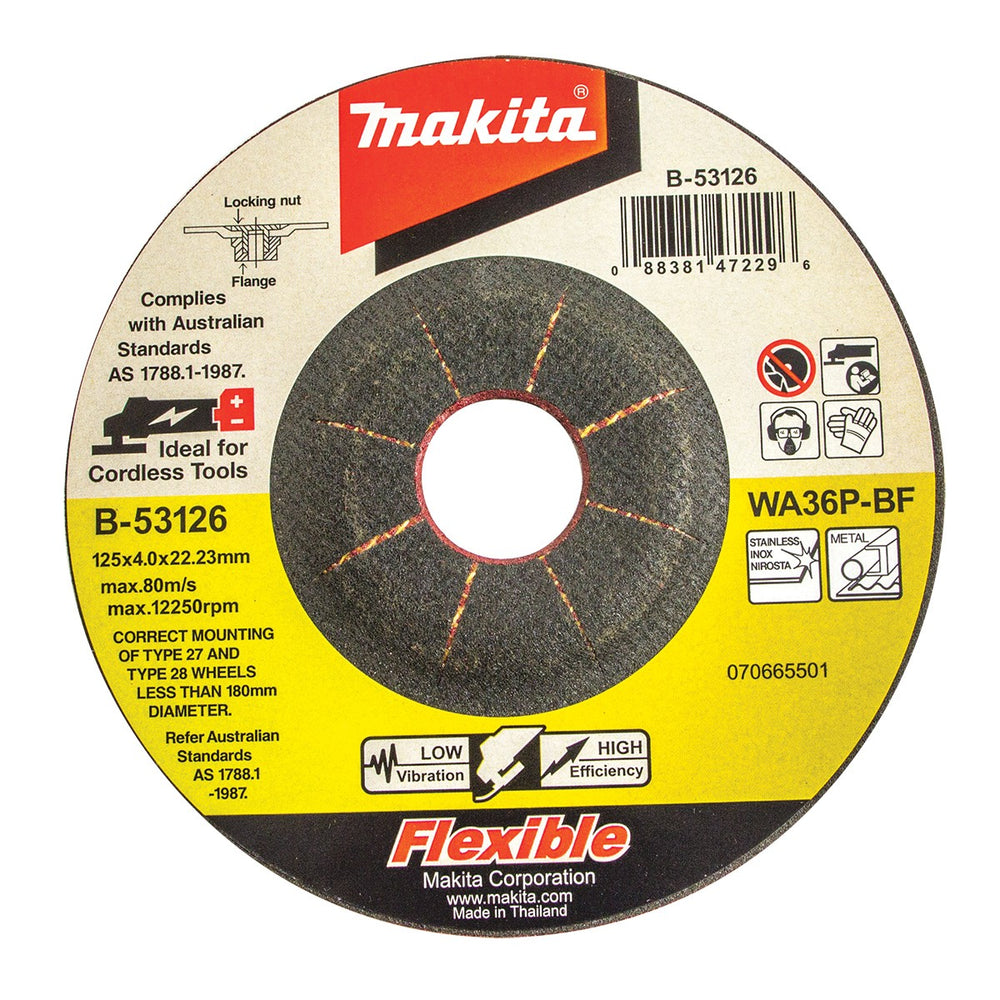 MAKITA 125 x 4 x 22.23mm FLEXIBLE DEPRESSED CENTRE GRINDING WHEEL - METAL & INOX (25PK) B-53126-25