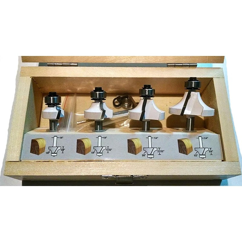 MAKITA 4 PC ECONOMY ROUTER BIT SET - 1/4" SHAFT - WOODEN BOX D-53562