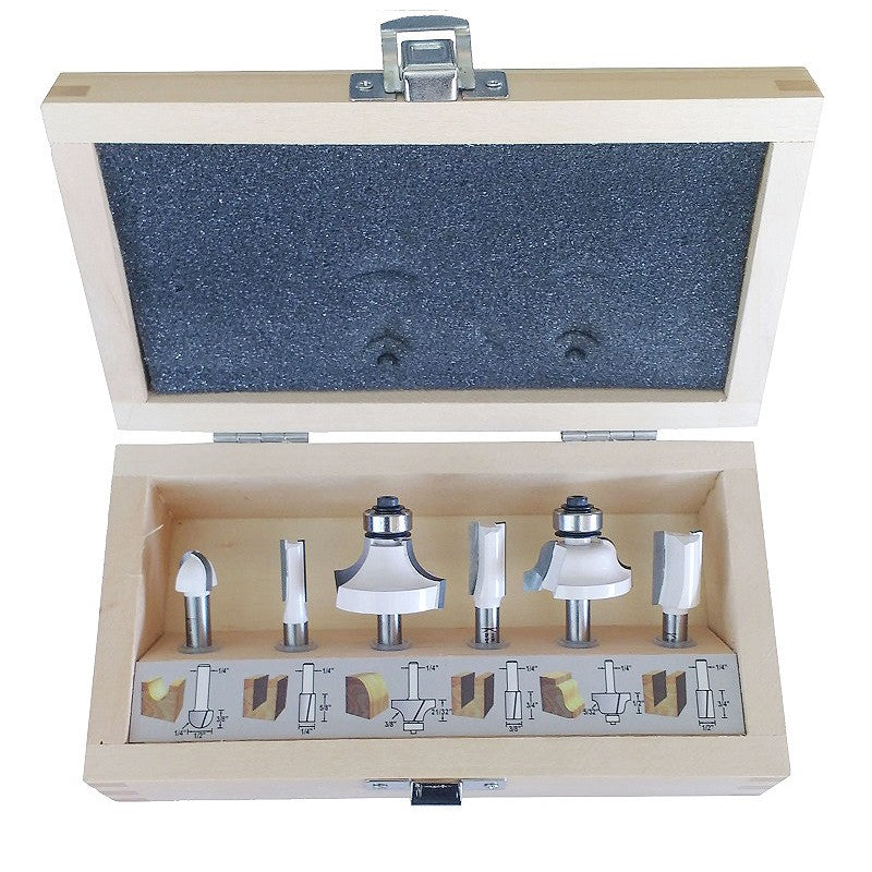 MAKITA 6 PC ECONOMY ROUTER BIT SET - 1/4" SHAFT - WOODEN BOX D-53578
