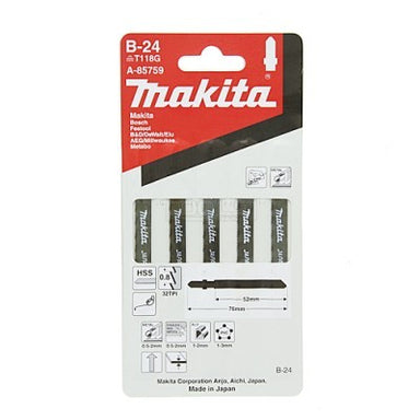 MAKITA JIGSAW BLADE B-24 - BAYONET TYPE - (5PK)- HSS 32tpi / Fine cut / Alu 1-2mm / Metal & S/Steel 0.5-2mm A-85759