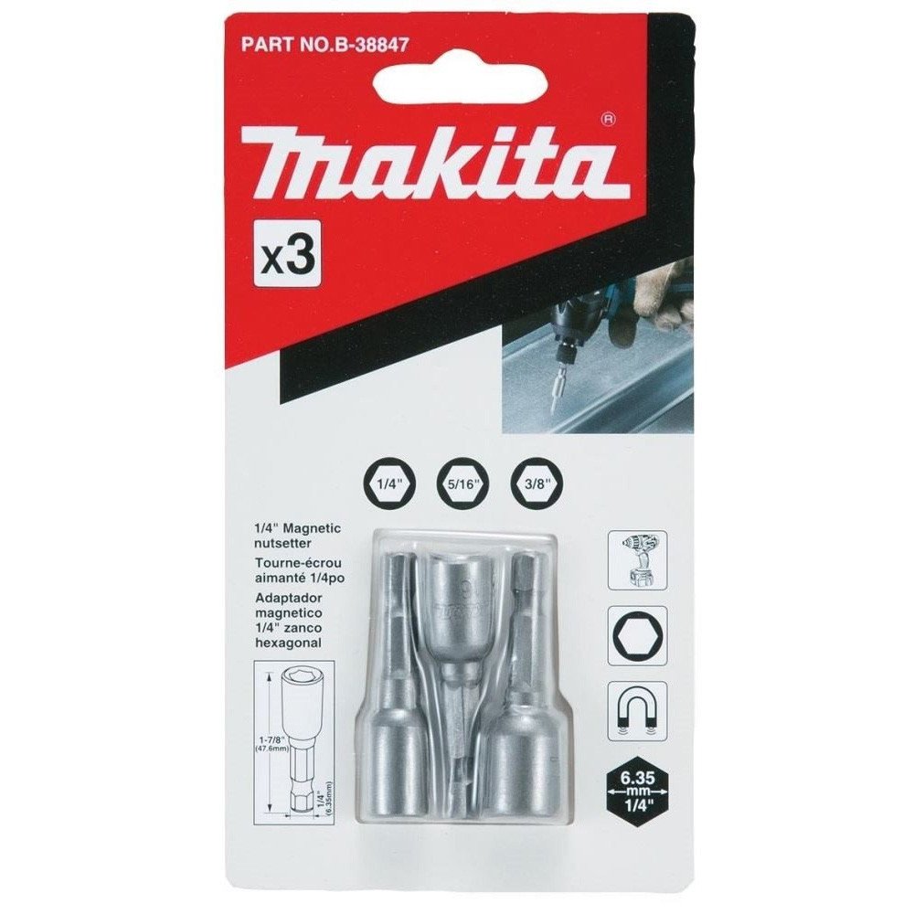 MAKITA 1/4" 5/16" 3/8" x 48mm MAGNETIC NUTSETTER - (3PC) SET B-38847