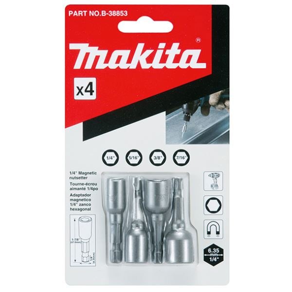 MAKITA 1/4" 5/16" 3/8" 7/16" x 48mm MAGNETIC NUTSETTER - 4 PIECE SET B-38853
