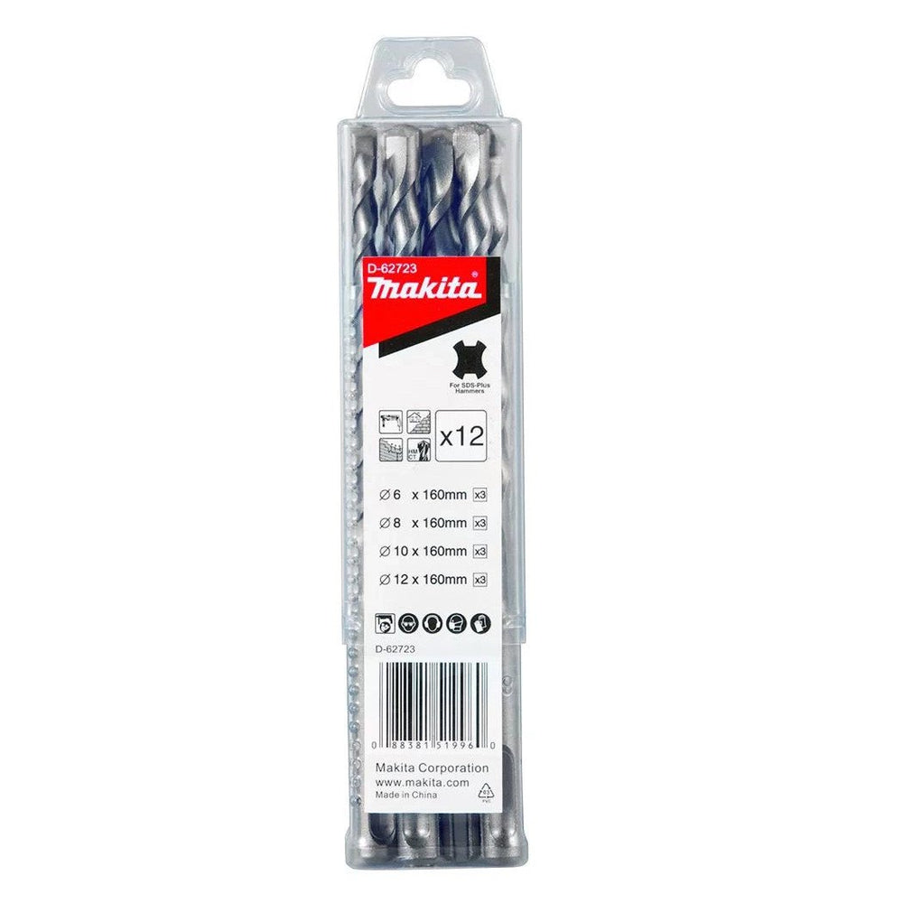 MAKITA STANDARD SDS PLUS DRILL ASSORTMENT SET - (12PC)/ (3 x 6 x 160, 3 x 8 x 160, 3 x 10 x 160, 3 x 12 x 160) D-62723