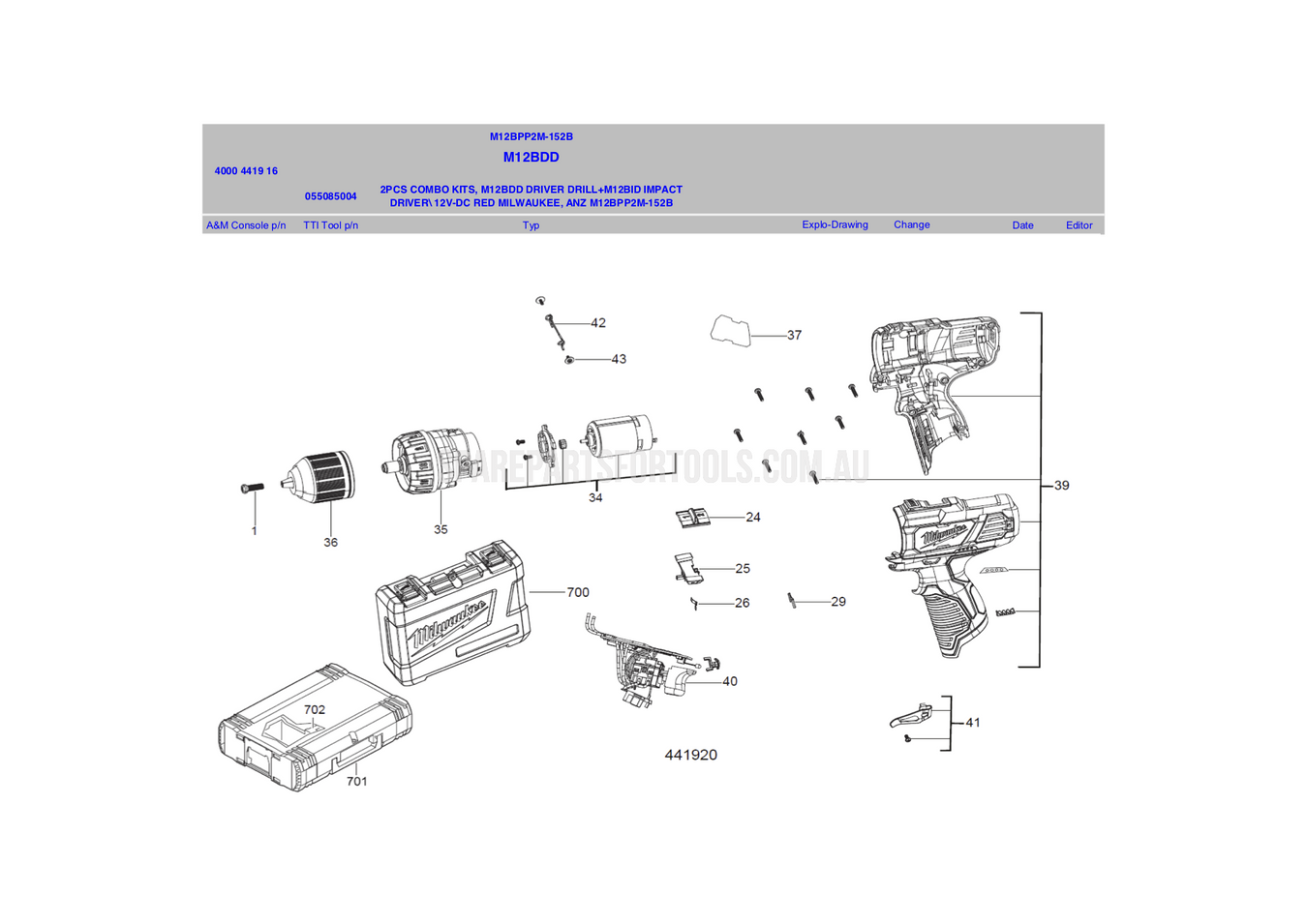 Milwaukee M12BDD Spare Parts