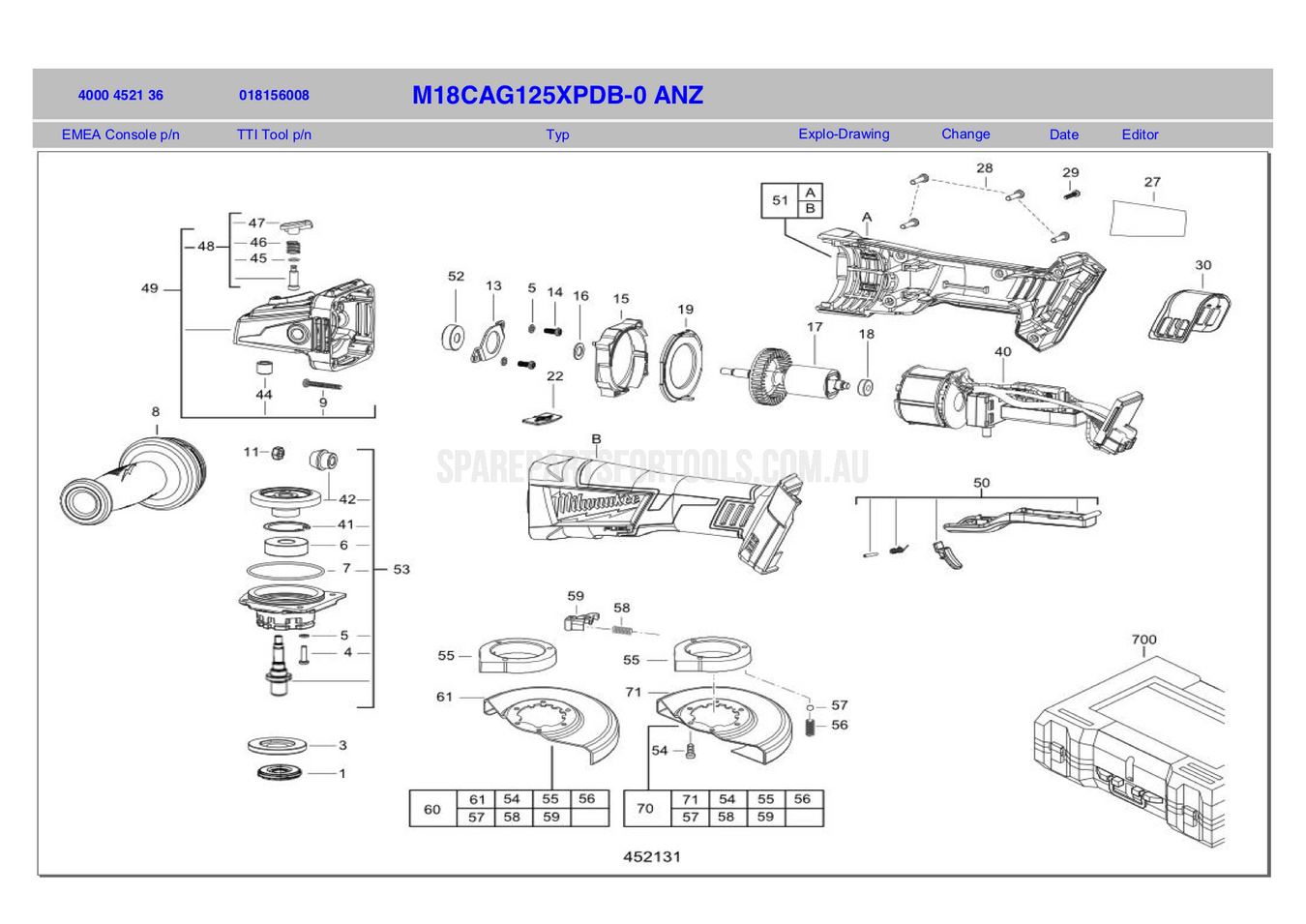 Milwaukee M18CAG125XPDB Spare Parts