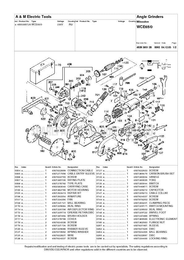 Milwaukee WCE65 Spare Parts