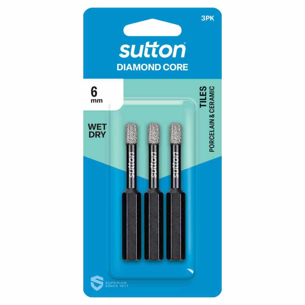 SUTTON 6MM WET/DRY DIAMOND GRIT HOLESAW BIT SET BLACK-CERAM 3 PIECE D618T0600