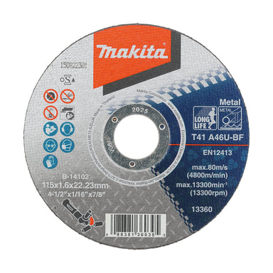 Makita 115mm x 1.6mm x 22mm - METAL CUTTING DISC LONG LIFE A46U - 10pk  B-14102-10