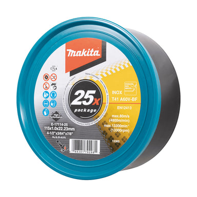 Makita 115mm x 1mm x 22mm LONG LIFE INOX CUTTING DISC A60V - 25pk Tub E-17114-25
