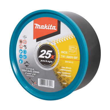Makita 125mm x 1mm x 22mm LONG LIFE INOX CUTTING DISC A60V - 25pk Tub E-17120-25