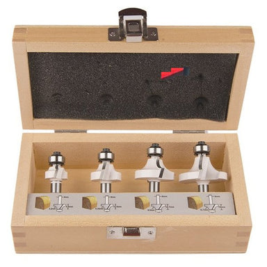 MAKITA 4 PC ECONOMY ROUTER BIT SET - 8mm SHAFT - WOODEN BOX D-53534