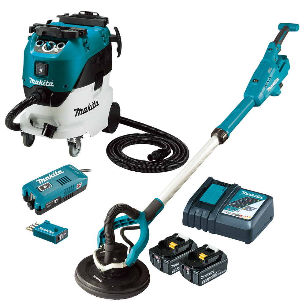 Makita 18V Brushless AWS 225mm Drywall Sander & Wet/Dry Dust Extractor 5.0Ah Set DSL801RT-VC42MX2