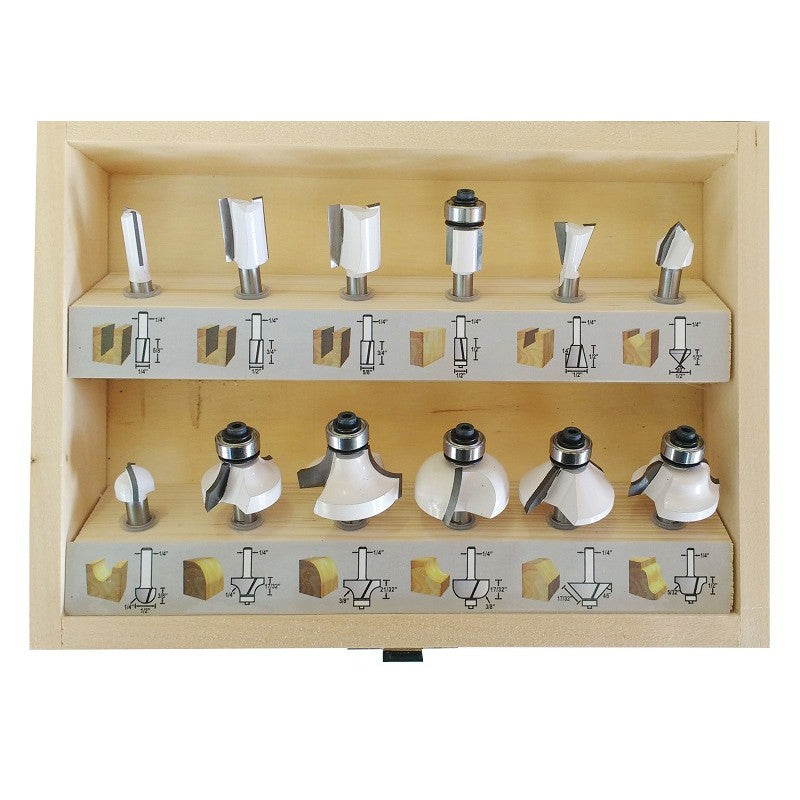 MAKITA 12 PC ECONOMY ROUTER BIT SET - 1/4" SHAFT - WOODEN BOX D-53584