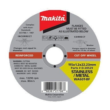 MAKITA 115mm x 1.2mm x 22.23mm - STANDARD INOX CUTTING DISC WA60T - (12PC) TIN D-20529-12