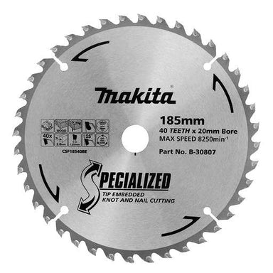 MAKITA KNOT & NAIL TCT SAW BLADE 185mm x 20/16mm x 40T  B-30807