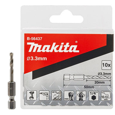 MAKITA HSS R-SERIES RIVET DRILL BIT 3.3mm x 50mm - 1/4" HEX DRIVE - (10PK) - STANDARD B-56437