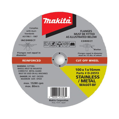 MAKITA 100mm x 1mm x 16mm - STANDARD INOX CUTTING DISC WA60T - (12PC) TIN D-20513-12
